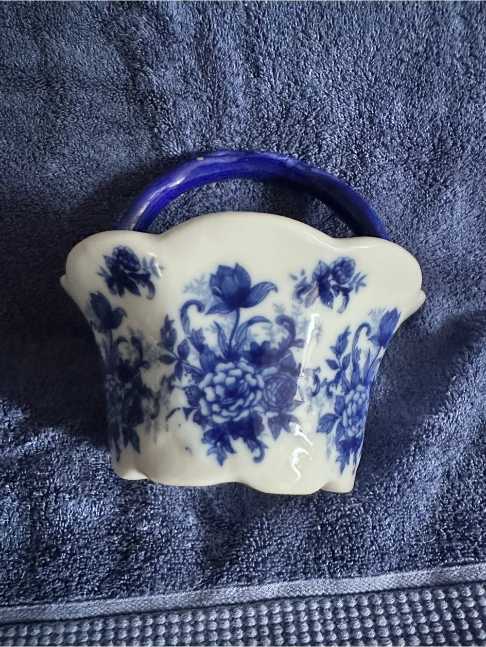 Crate&Barrel Blue and White Ceramic Basket with Floral Motif